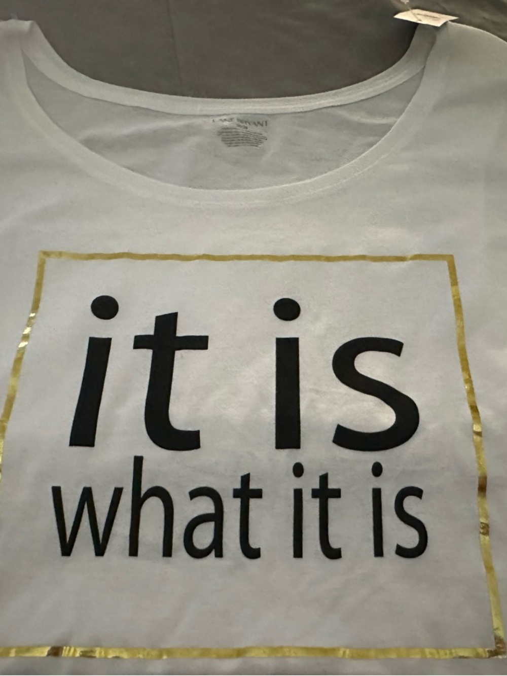 Lane Bryant White Tee with Black Slogan and Gold Trim